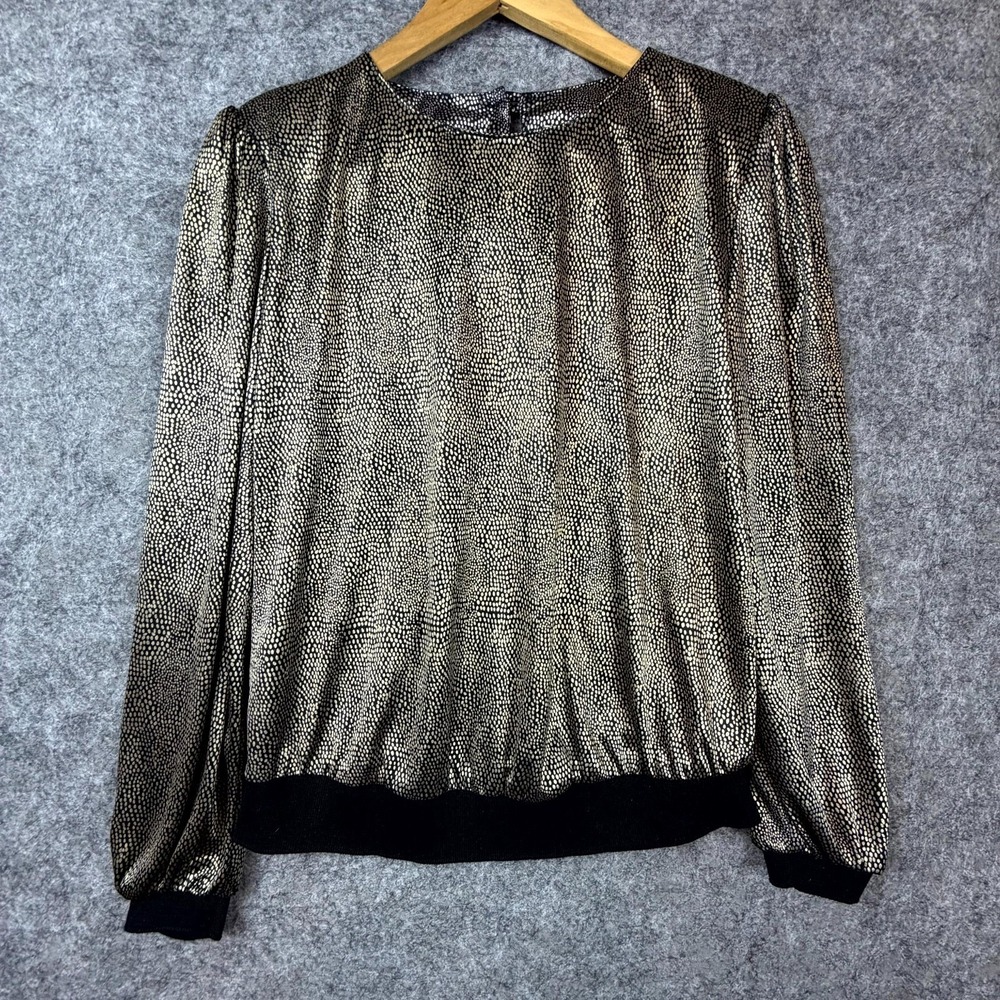 Vintage Clio Blouse Top Womens Small‎ Black Shiny Polka Dot 90s Office Siren